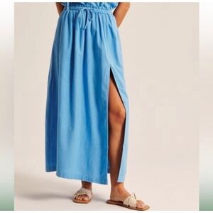 Abercrombie & Fitch Blue Linen Blend Drawstring Maxi Skirt with Slit Womens XL